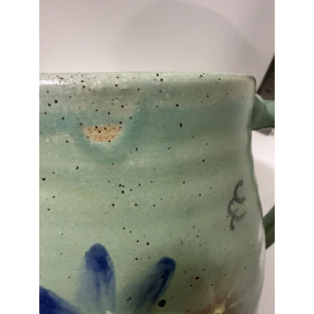 Vintage Signed Art Pottery Pitcher Stoneware Farmhouse Hand Painted Floral